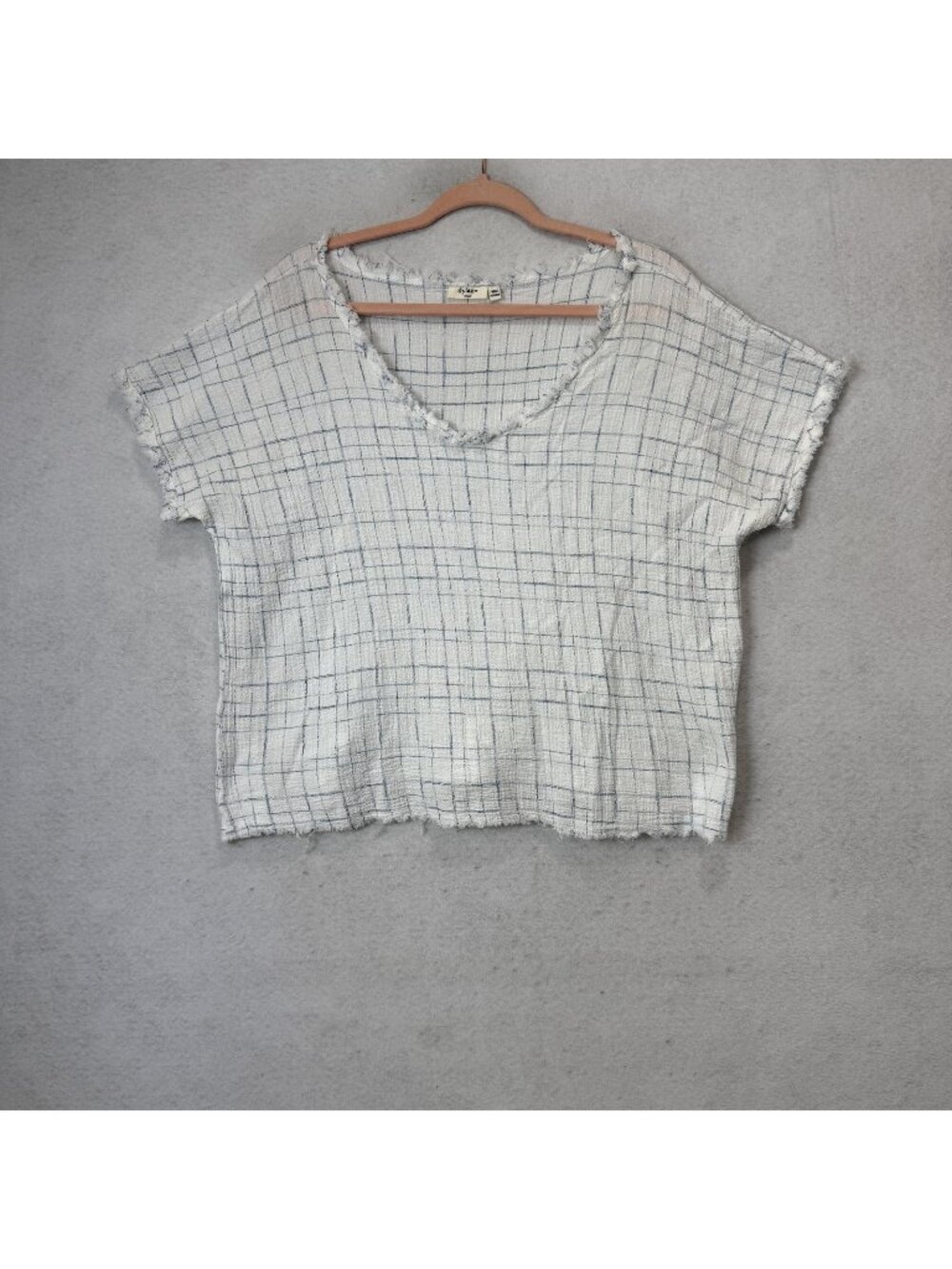 Dylan Blouse Womens Small White Plaid V Neck Short Sleeve Fringe Top Lightweight